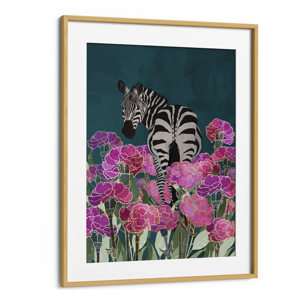 Zebra In A Field Of Flowers Kids Paintings in Oak Wood Frame With Mount