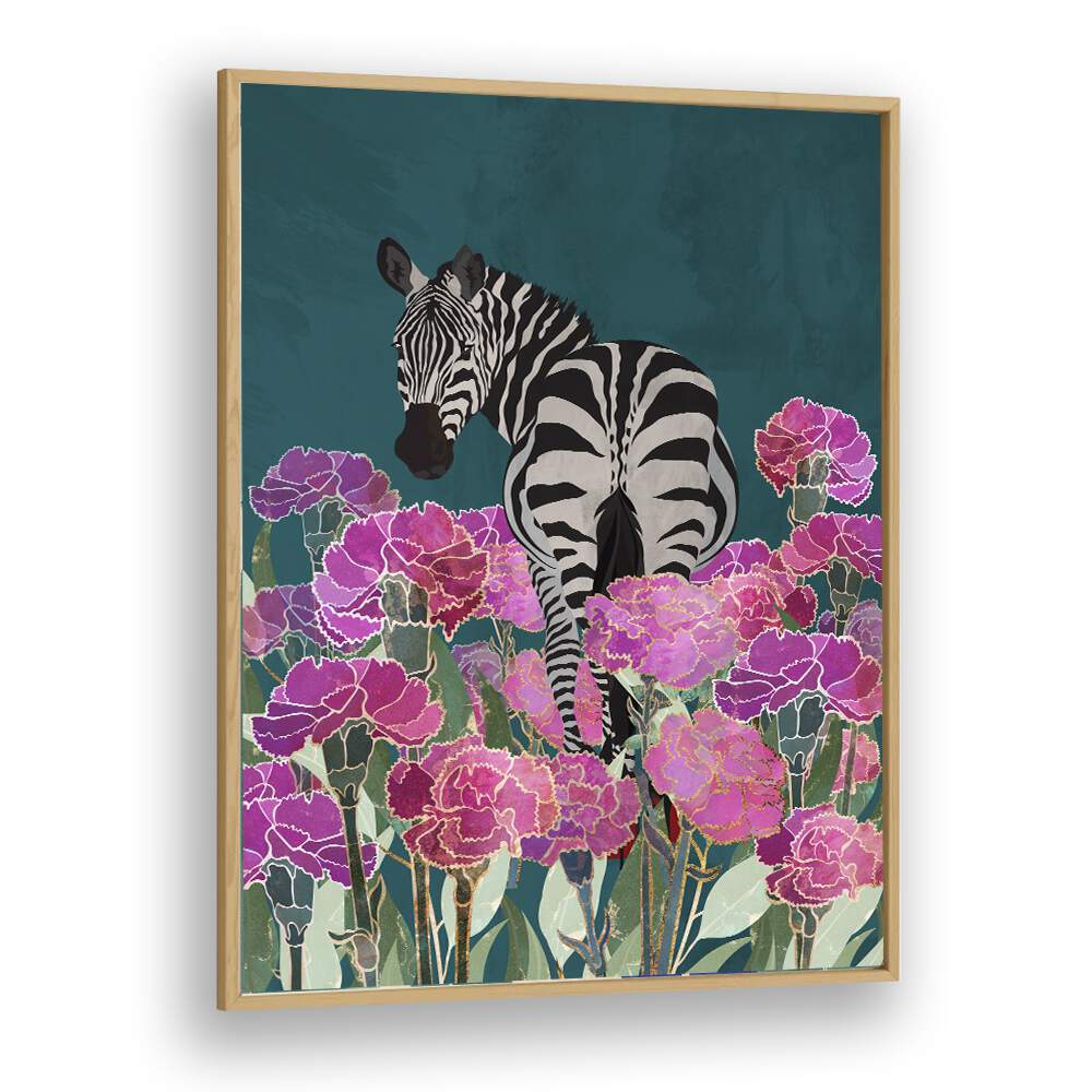 Zebra In A Field Of Flowers Kids Paintings in Oak Wood Plain Frame