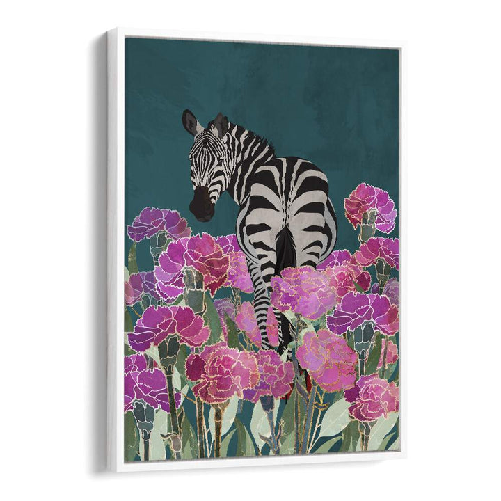 Zebra In A Field Of Flowers Kids Paintings in White Floater Frame