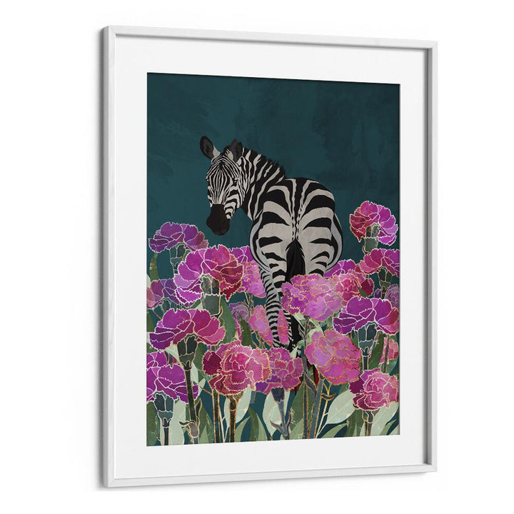 Zebra In A Field Of Flowers Kids Paintings in White Frame With Mount