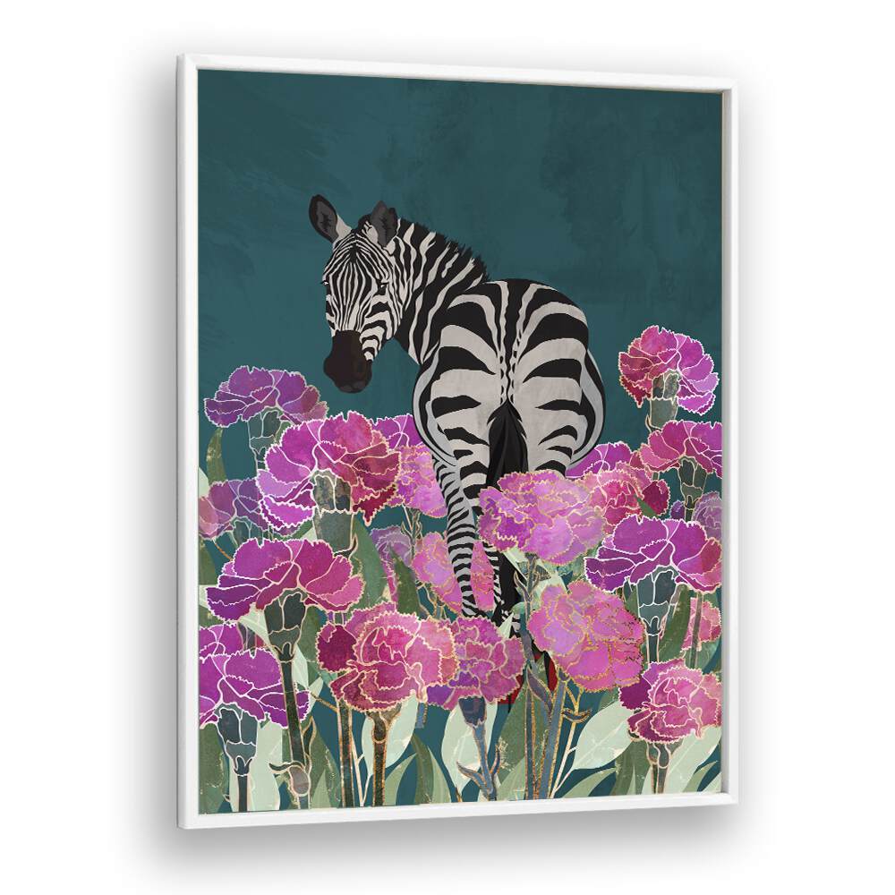 Zebra In A Field Of Flowers Kids Paintings in White Plain Frame