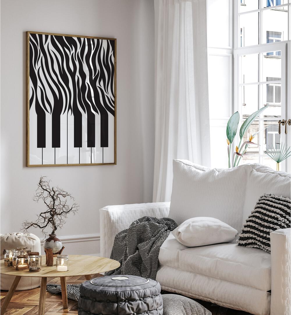 Zebra Piano Print Black and White By Sarah Manovski Art Prints placed on wall 