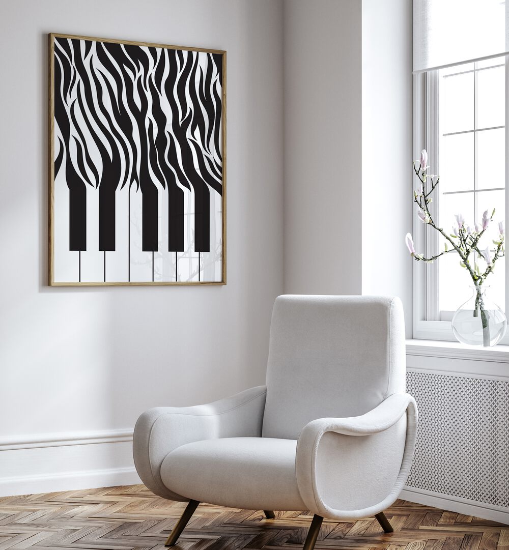 Zebra Piano Print Black and White By Sarah Manovski Art Prints placed on wall 