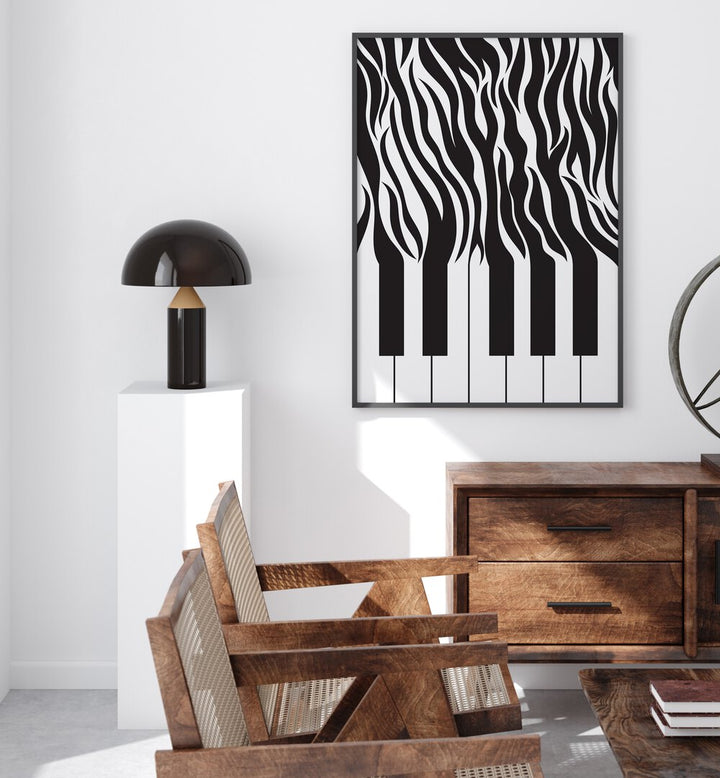 Zebra Piano Print Black and White By Sarah Manovski Art Prin placed on wall 