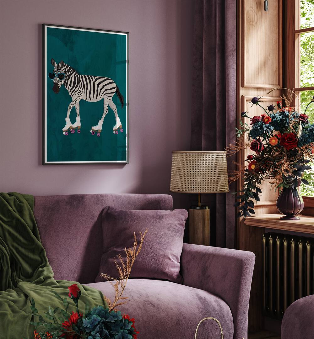 Zebra Rollerskating By Sarah Manovski Wildlife Art Print  placed on wall near sofa