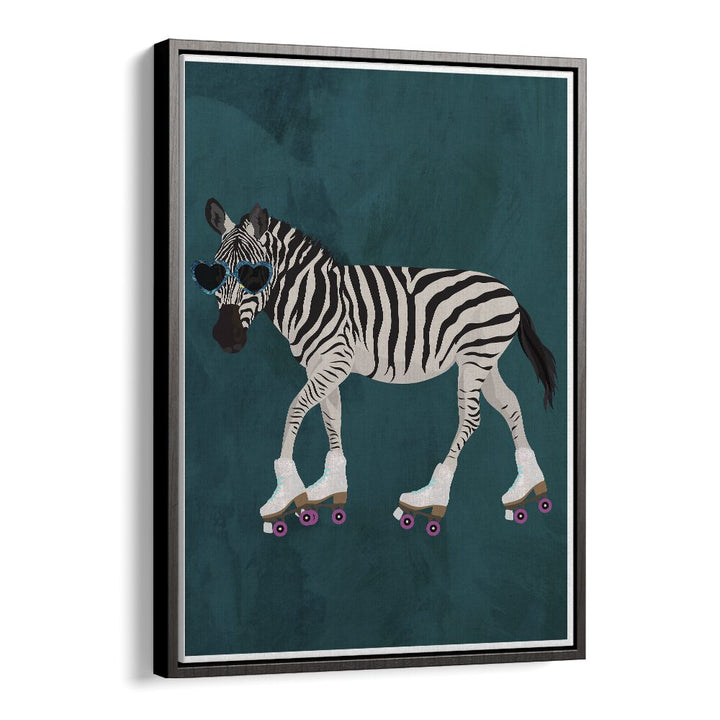 Zebra Rollerskating By Sarah Manovski Wildlife Art Print in Black Floater Frame