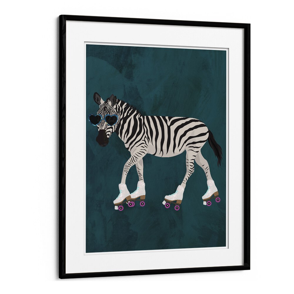 Zebra Rollerskating By Sarah Manovski Wildlife Art Print in Black Frame With Mount