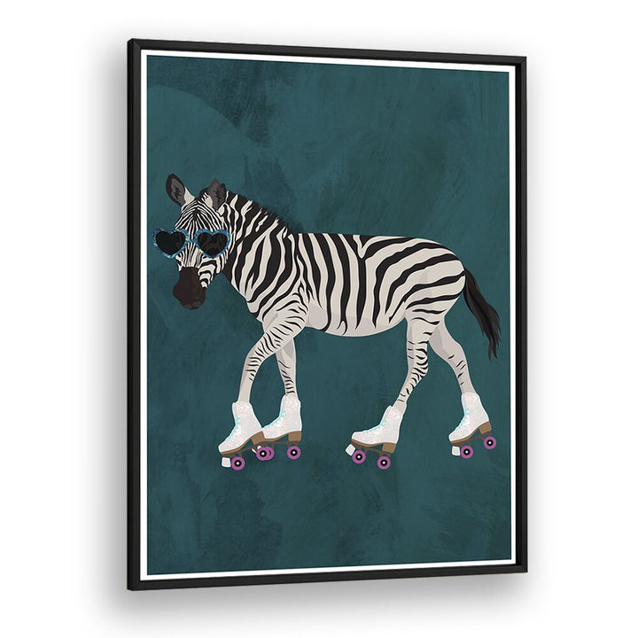 Zebra Rollerskating By Sarah Manovski Wildlife Art Print in Black Plain Frame