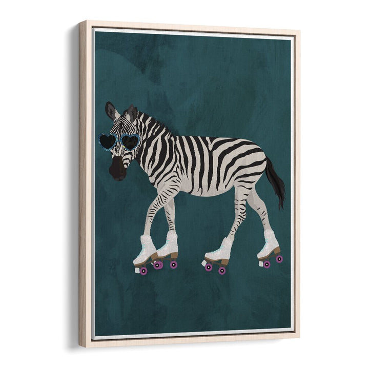 Zebra Rollerskating By Sarah Manovski Wildlife Art Print in Oak Wood Floater Frame