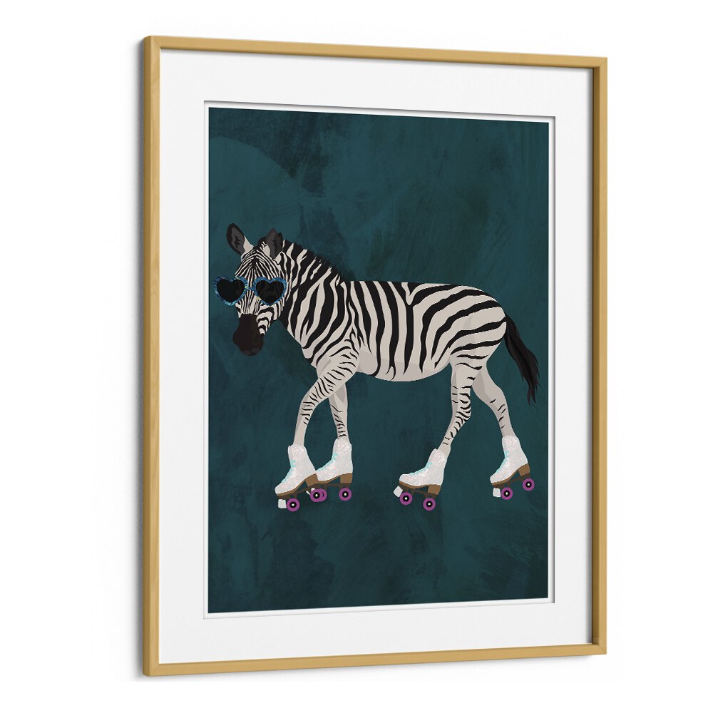 Zebra Rollerskating By Sarah Manovski Wildlife Art Print in Oak Wood Frame With Mount