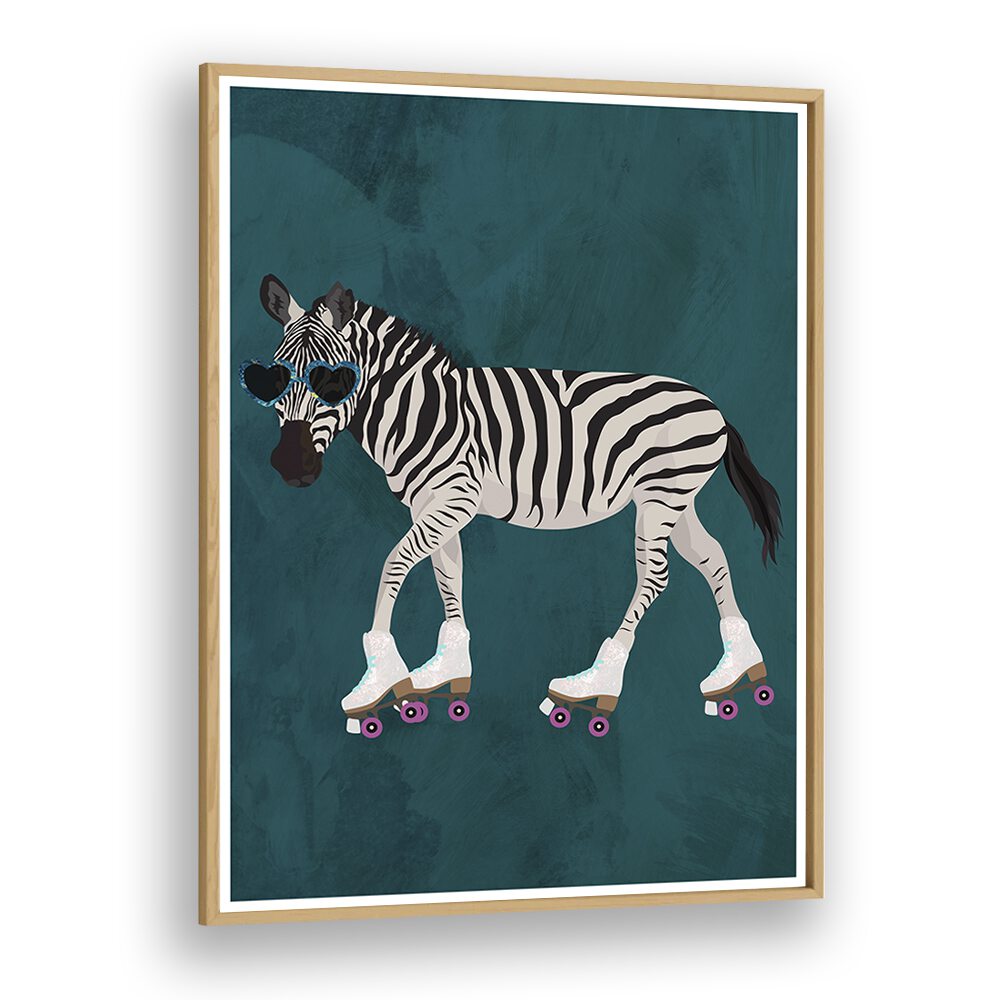 Zebra Rollerskating By Sarah Manovski Wildlife Art Print in Oak Wood Plain Frame