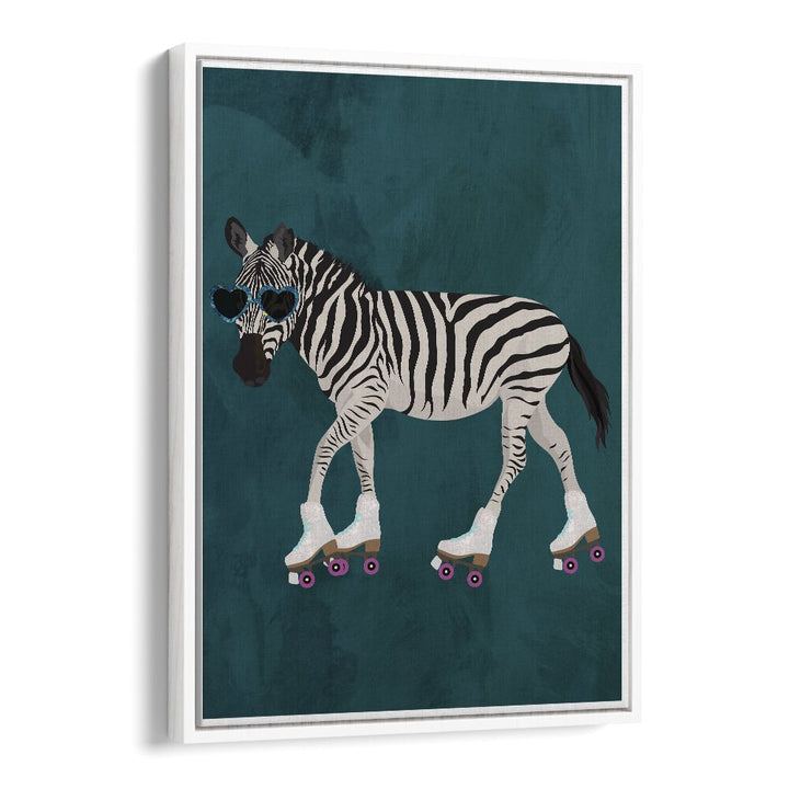 Zebra Rollerskating By Sarah Manovski Wildlife Art Print in White Floater Frame