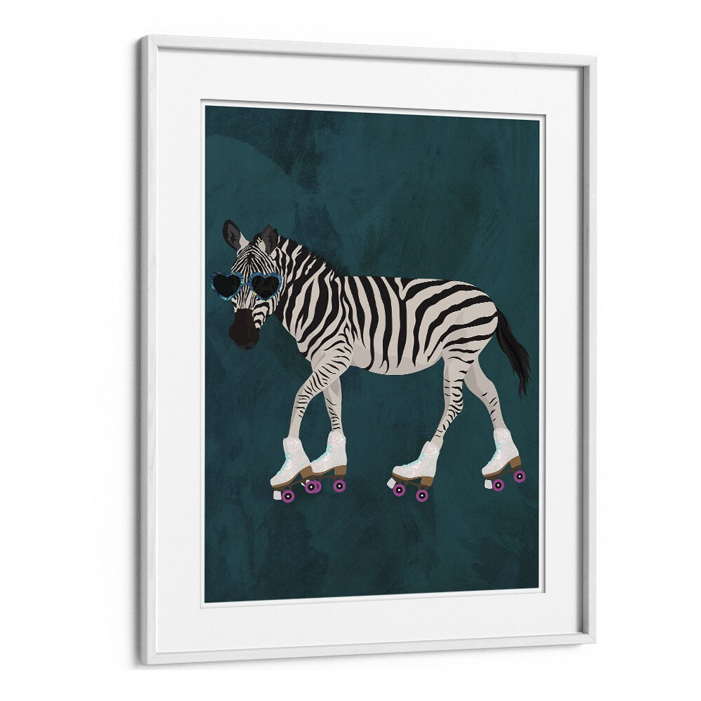 Zebra Rollerskating By Sarah Manovski Wildlife Art Print in White Frame With Mount