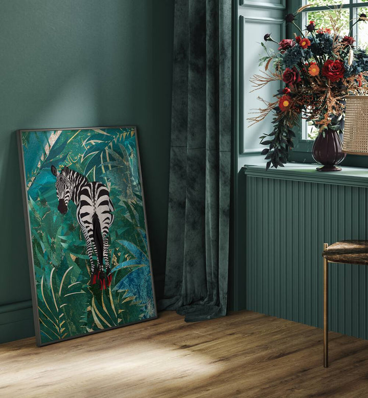 Zebra Wearing Heels In The Jungle By Sarah Manovski Wildlife Art Print II placed on wall 