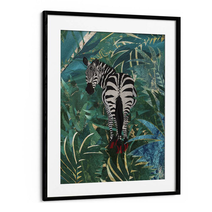 Zebra Wearing Heels In The Jungle By Sarah Manovski Wildlife Art Print in Black Frame With Mount