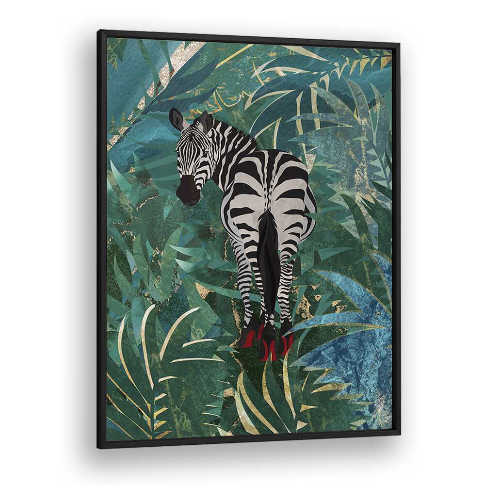 Zebra Wearing Heels In The Jungle By Sarah Manovski Wildlife Art Print in Black Plain Frame