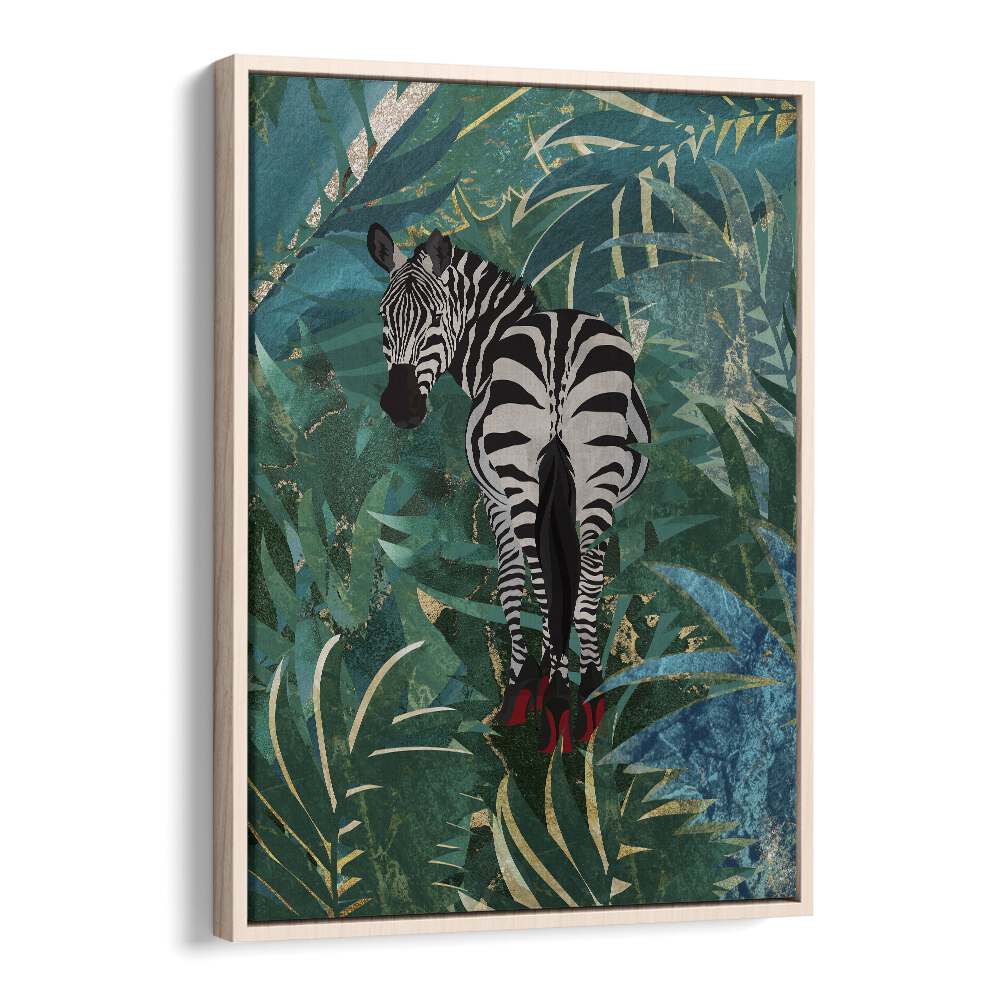 Zebra Wearing Heels In The Jungle By Sarah Manovski Wildlife Art Print in Oak Wood Floater Frame