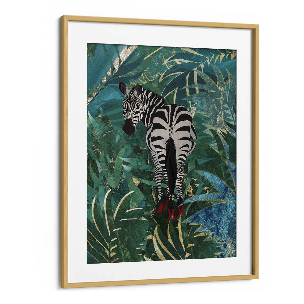 Zebra Wearing Heels In The Jungle By Sarah Manovski Wildlife Art Print in Oak Wood Frame With Mount