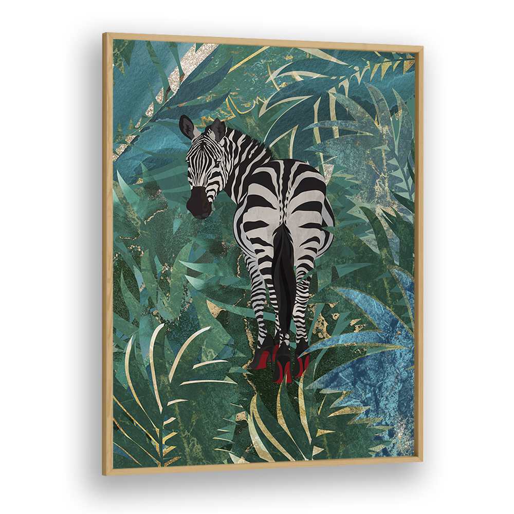 Zebra Wearing Heels In The Jungle By Sarah Manovski Wildlife Art Print in Oak Wood Plain Frame