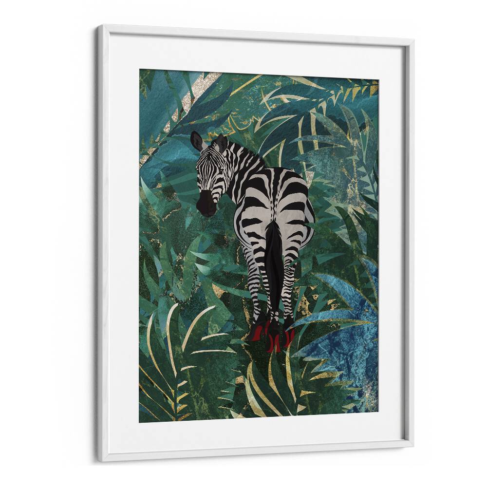 Zebra Wearing Heels In The Jungle By Sarah Manovski Wildlife Art Print in White Frame With Mount