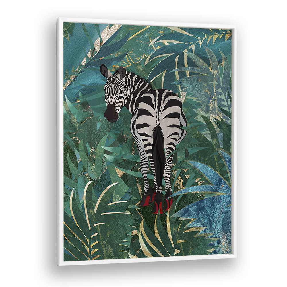 Zebra Wearing Heels In The Jungle By Sarah Manovski Wildlife Art Print in White Plain Frame