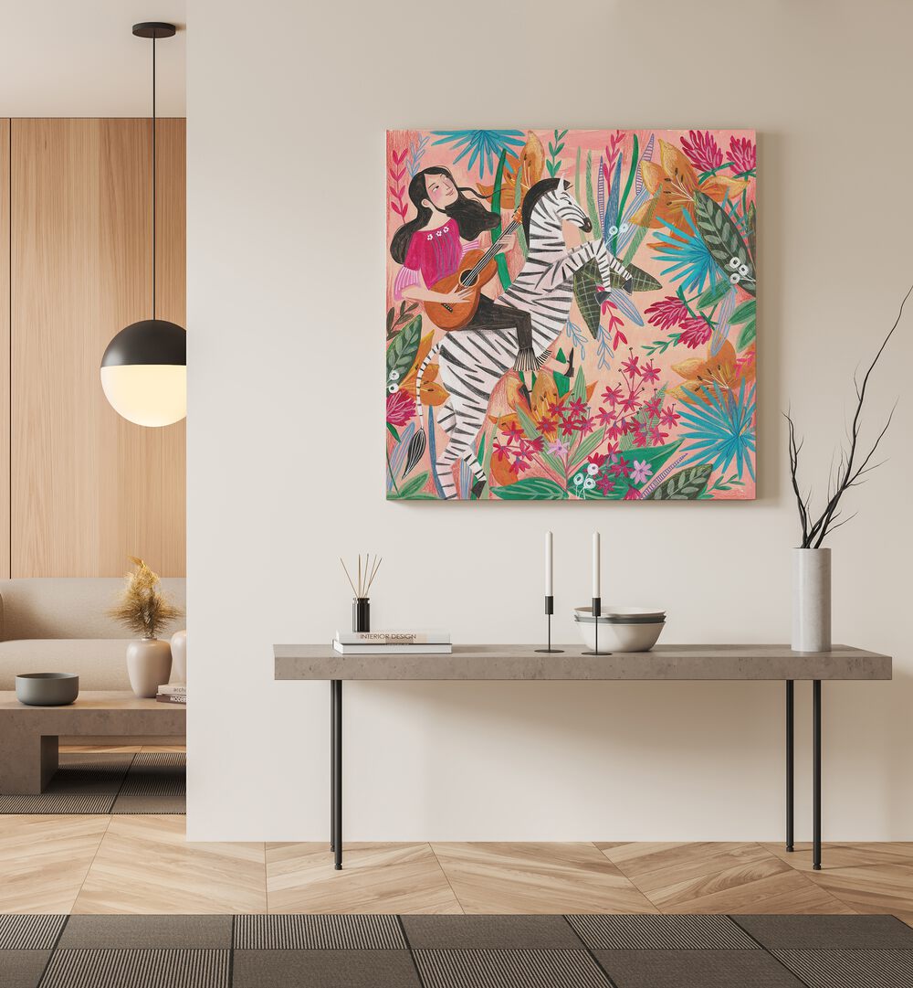 Zebra in the Jungle By Caroline Bonne Muller Women Illustration Paintings in Gallery Wrap on a white wall above  a table