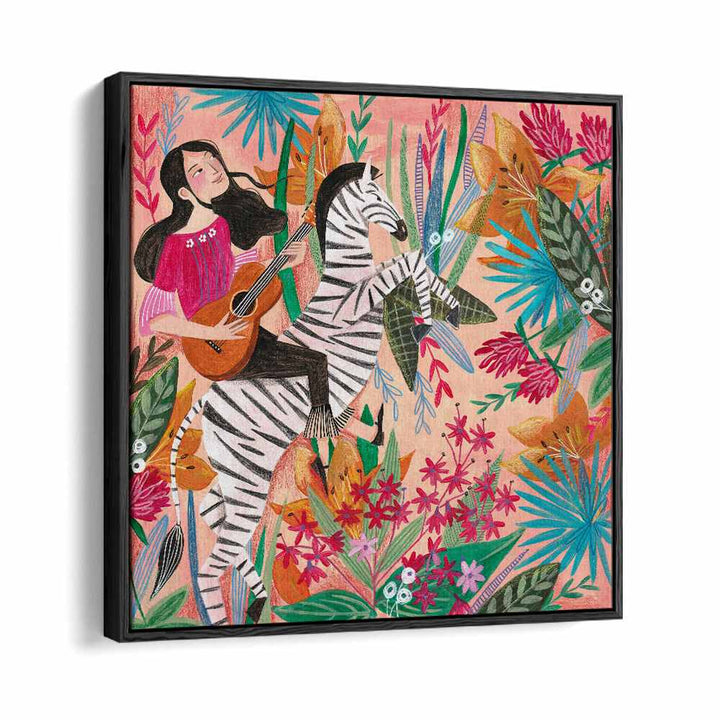 Zebra in the Jungle By Caroline Bonne Muller Women Illustration Paintings in Black Floater Frame