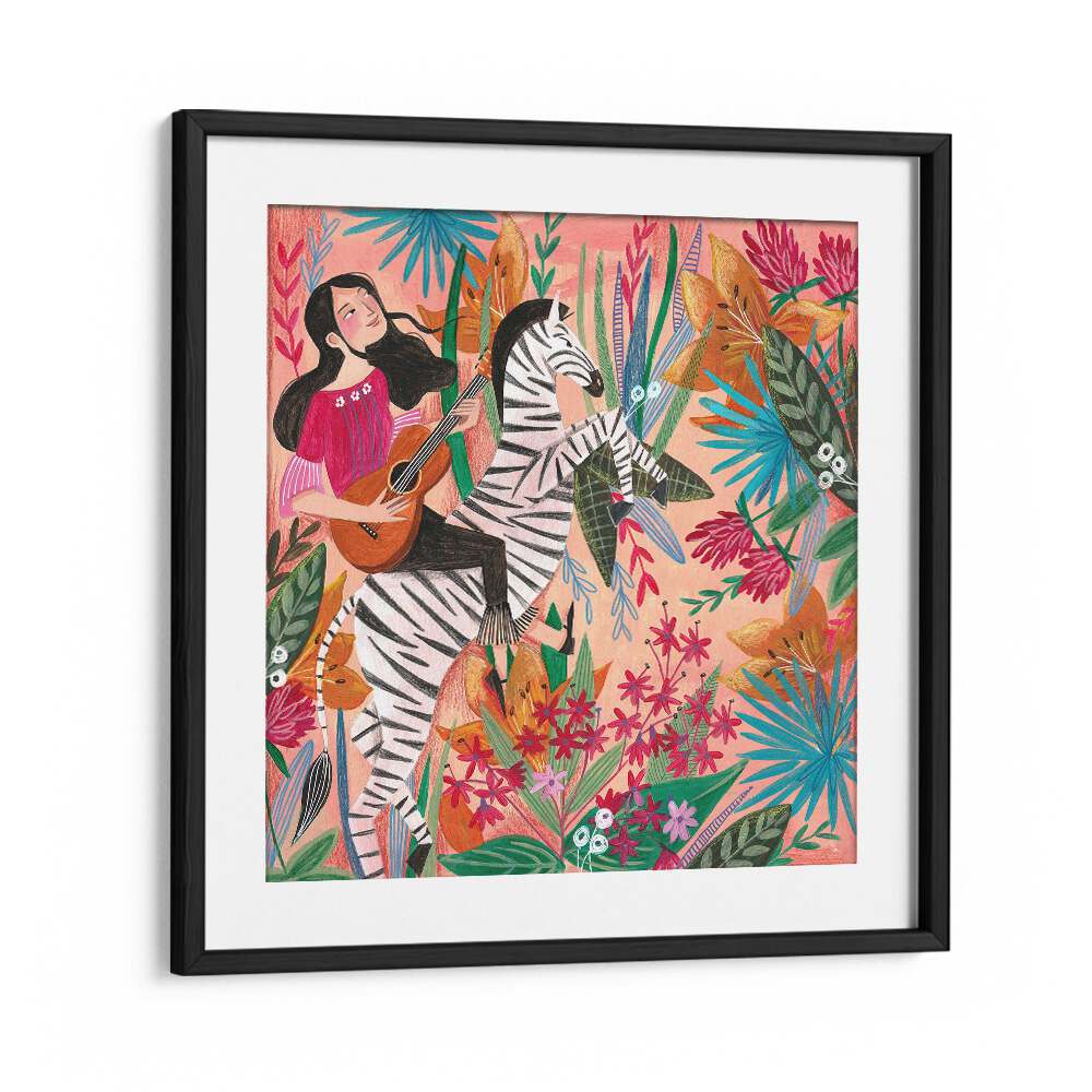 Zebra in the Jungle By Caroline Bonne Muller Women Illustration Paintings in Black Frame With Mount