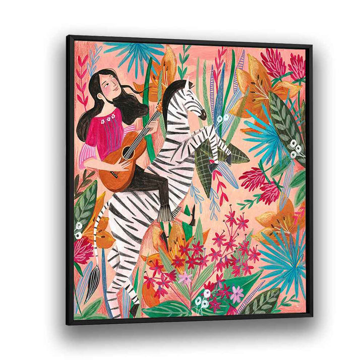 Zebra in the Jungle By Caroline Bonne Muller Women Illustration Paintings in Black Plain Frame