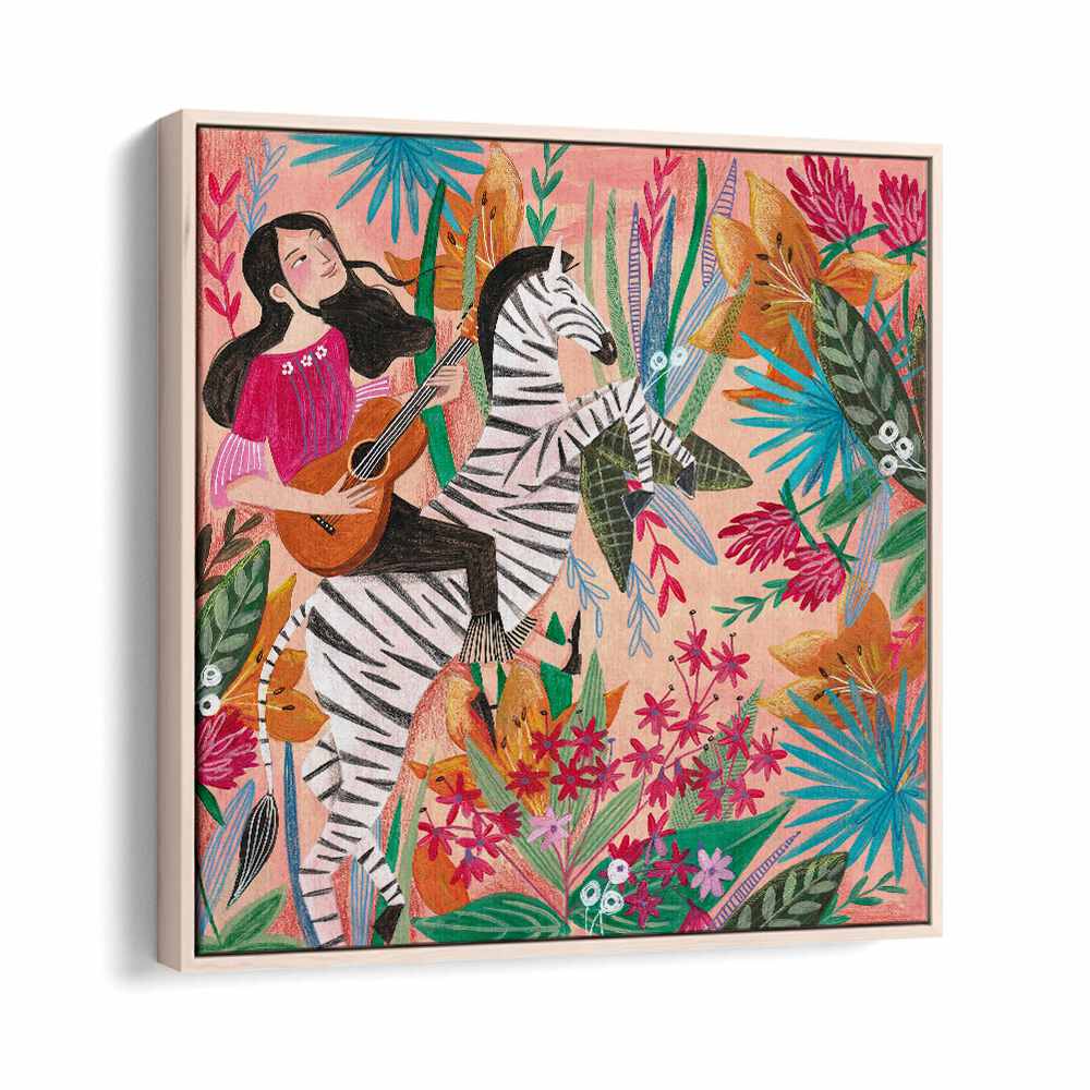 Zebra in the Jungle By Caroline Bonne Muller Women Illustration Paintings in Oak Wood Floater Frame