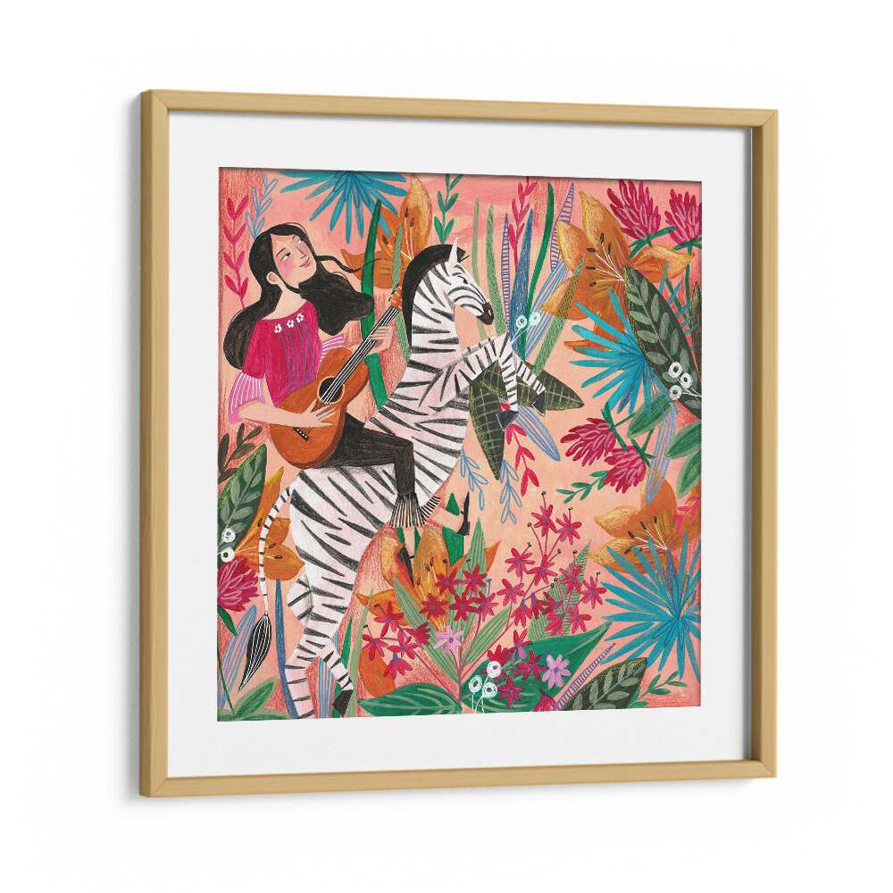 Zebra in the Jungle By Caroline Bonne Muller Women Illustration Paintings in Oak Wood Frame With Mount