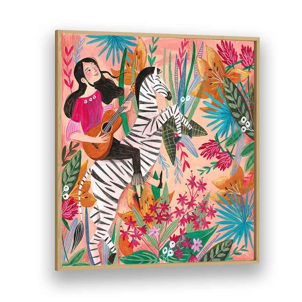 Zebra in the Jungle By Caroline Bonne Muller Women Illustration Paintings in Oak Wood Plain Frame