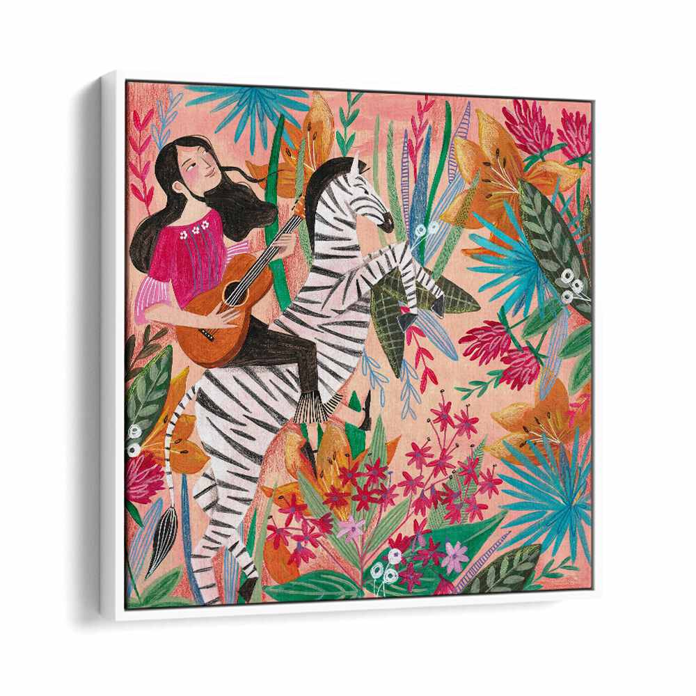 Zebra in the Jungle By Caroline Bonne Muller Women Illustration Paintings in White Floater Frame