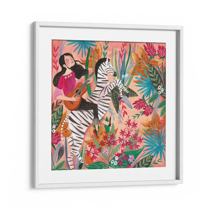 Zebra in the Jungle By Caroline Bonne Muller Women Illustration Paintings in White Frame With Mount