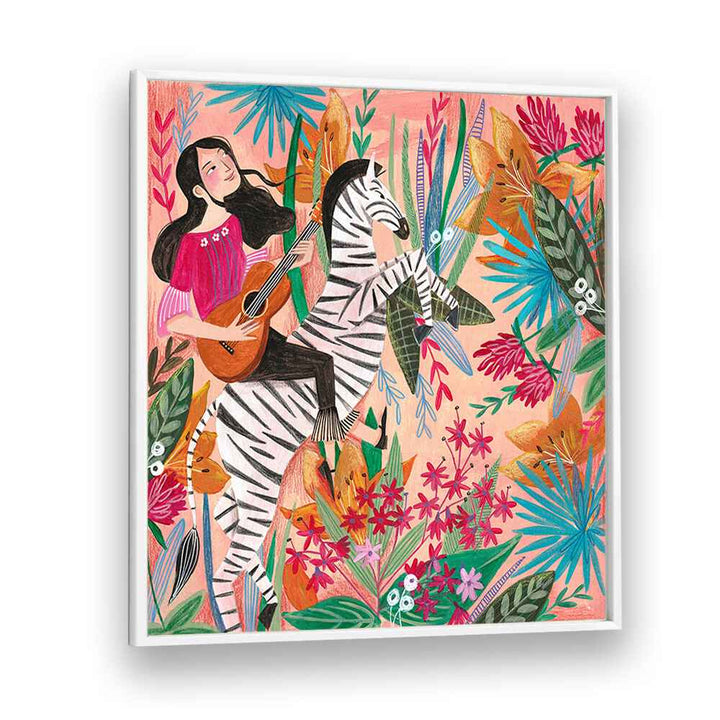 Zebra in the Jungle By Caroline Bonne Muller Women Illustration Paintings in White Plain Frame