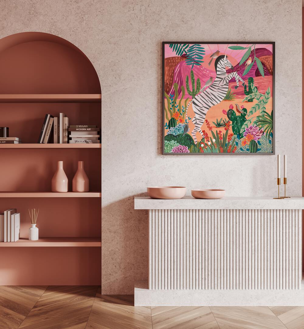 Zebra in the Mountains By Caroline Bonne Muller Kids Room Paintings in Dark wood Plain Frame on a wall above a console table 