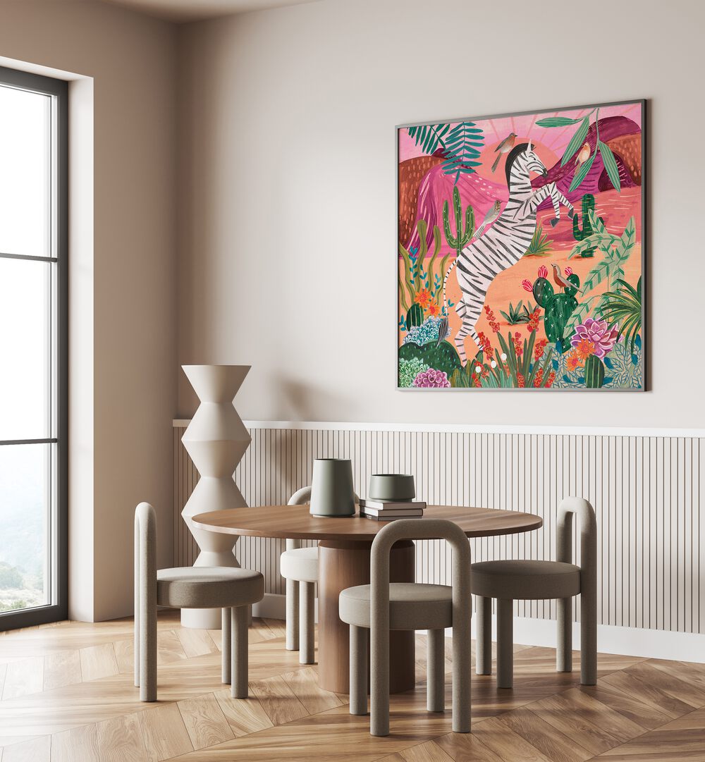 Zebra in the Mountains By Caroline Bonne Muller Kids Room Paintings in Black Plain Frame on a white wall behind a dining table for dining room