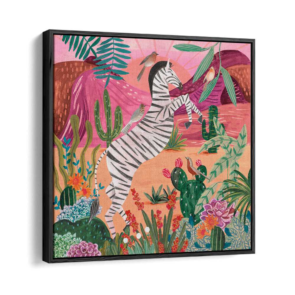 Zebra in the Mountains By Caroline Bonne Muller Kids Room Paintings in Black Floater Frame