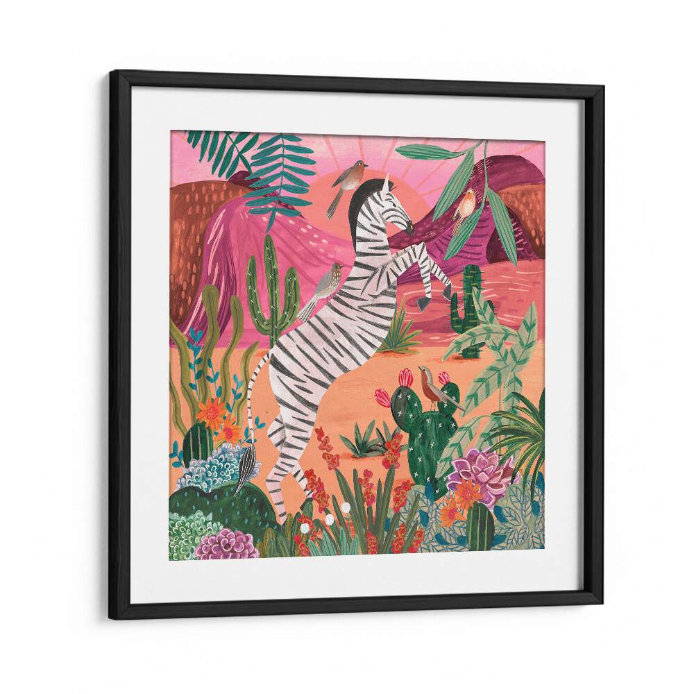 Zebra in the Mountains By Caroline Bonne Muller Kids Room Paintings in Black Frame With Mount