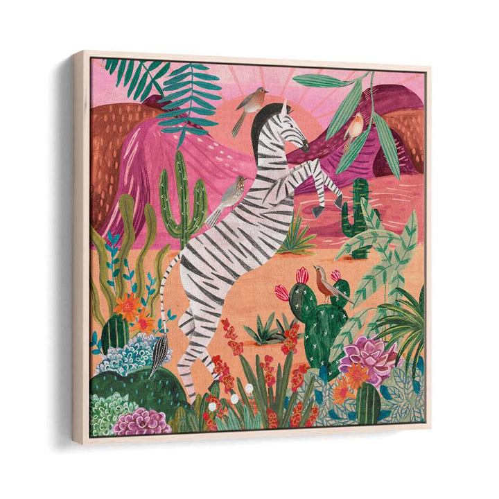 Zebra in the Mountains By Caroline Bonne Muller Kids Room Paintings in Oak Wood Floater Frame