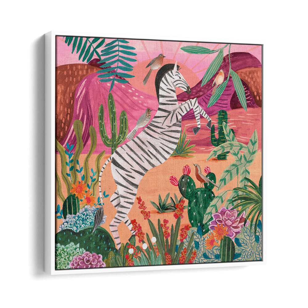 Zebra in the Mountains By Caroline Bonne Muller Kids Room Paintings in White Floater Frame