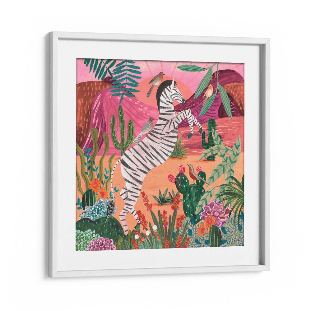 Zebra in the Mountains By Caroline Bonne Muller Kids Room Paintings in White Frame With Mount