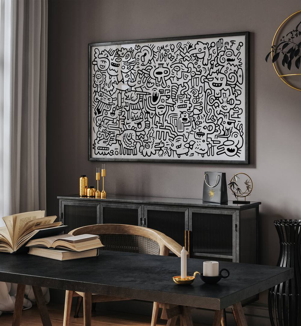 Zen Zoodles Doodle Art Painting in Black Plain Frame it is placed on a wall behind the table