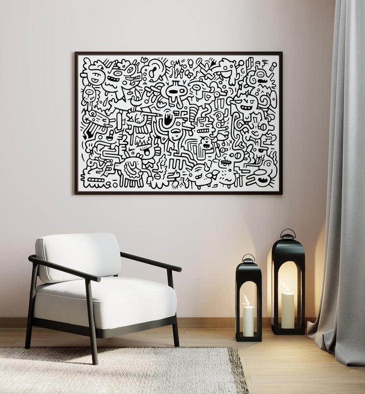 Zen Zoodles Doodle Art Painting in Black Plain Frame it is placed on the wall behind the chair