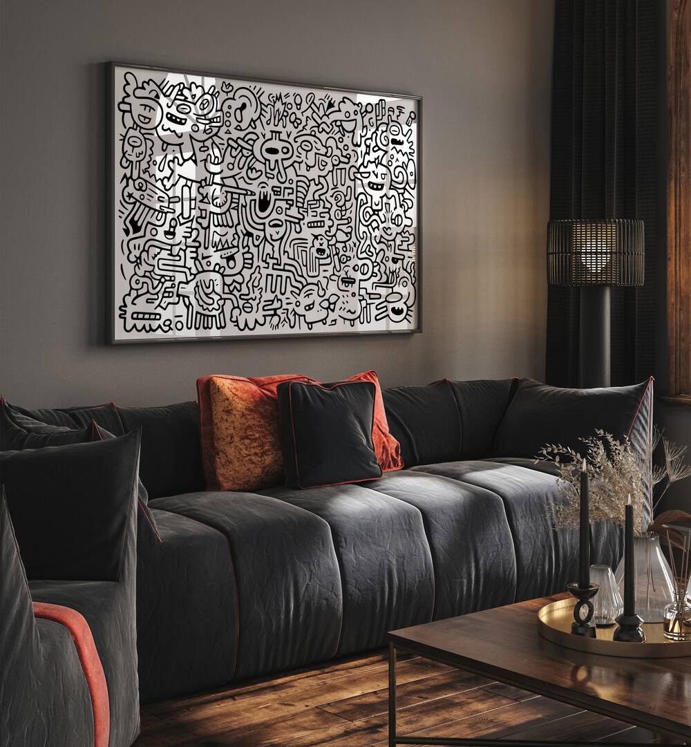 Zen Zoodles Doodle Art Painting in Black Plain Frame it is placed on the wall behind the sofa