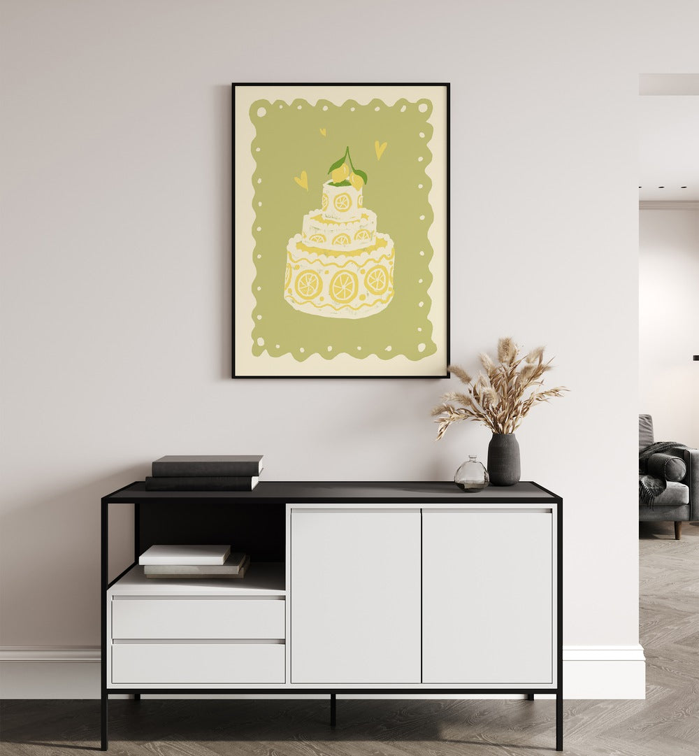 Zitronen Kuchen Up by Studio Dolci Kitchen Posters in Black Plain Frame placed on a wall behind a table