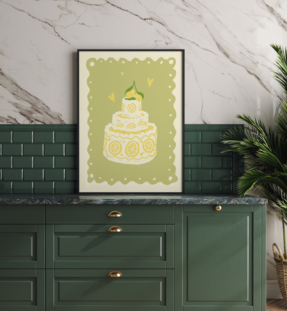 Zitronen Kuchen Up by Studio Dolci Kitchen Posters in Black Plain Frame placed on a kitchen counter beside a plant