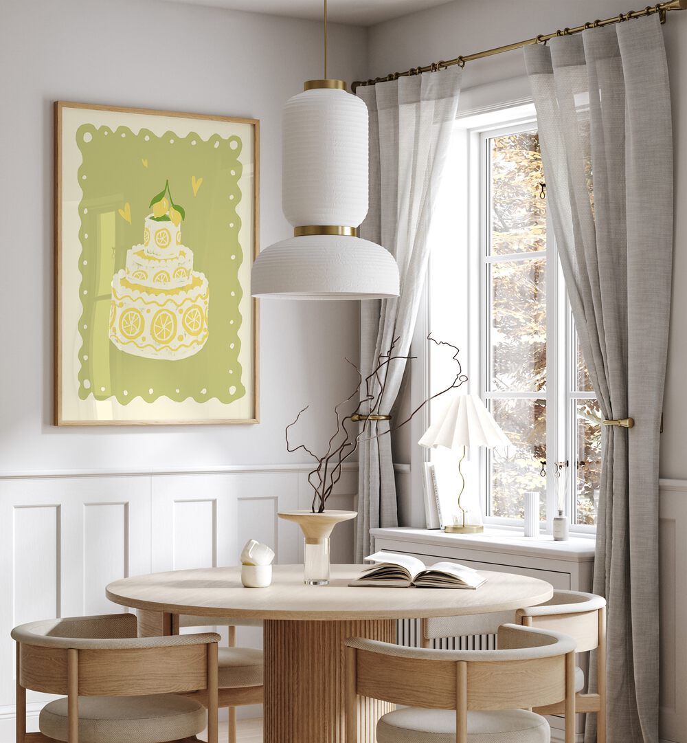 Zitronen Kuchen Up by Studio Dolci Kitchen Posters in Oak Wood Plain Frame placed on a wall behind a dining table and beside a window for dining area