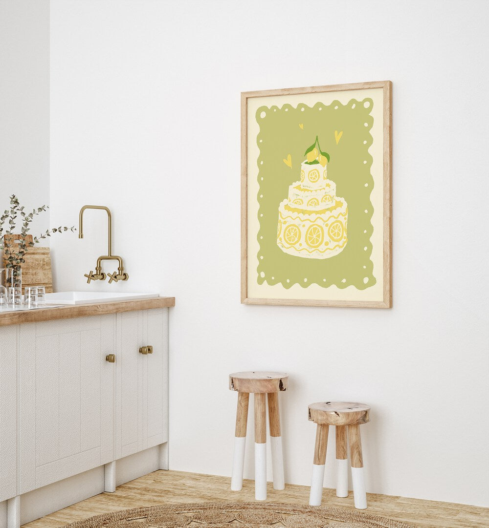 Zitronen Kuchen Up by Studio Dolci Kitchen Posters in Oak Wood Plain Frame placed on a wall beside a kitchen counter for kitchen area