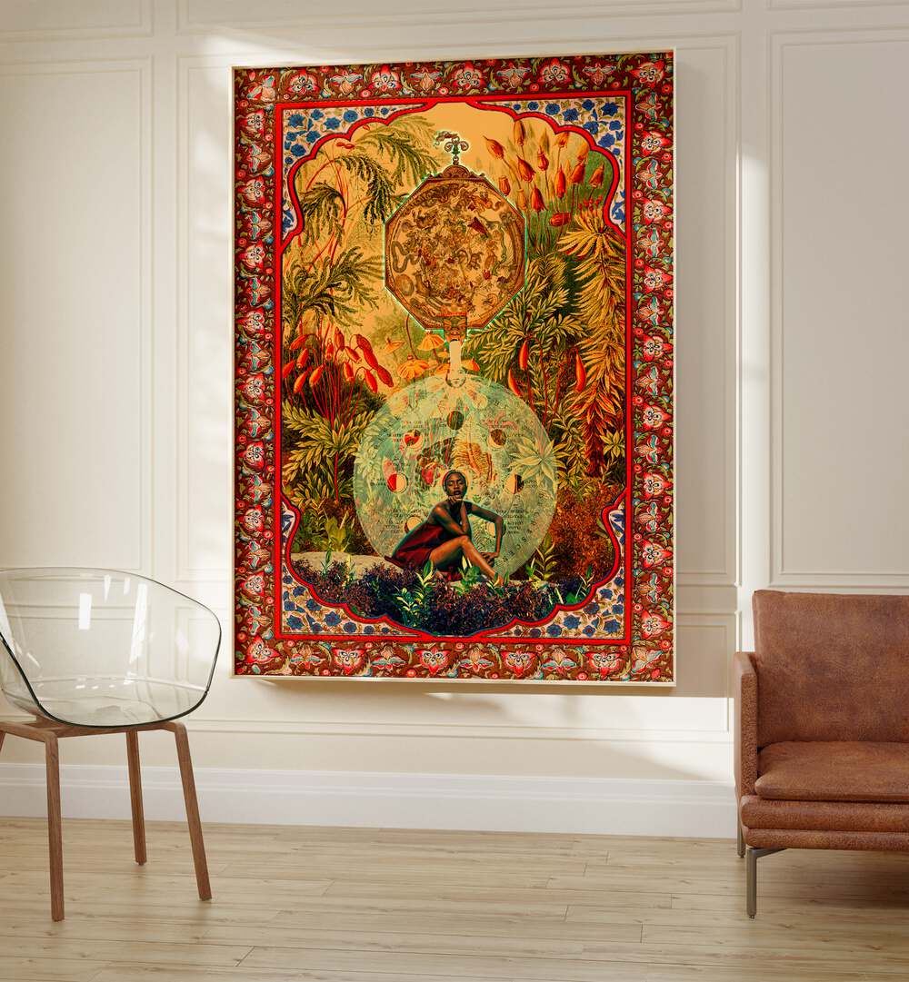 Zodiac Queen By Cosmo Zach Surreal Art Prints Surrealism in Oak Wood Plain Frame placed on the wall beside a chair and a sofa